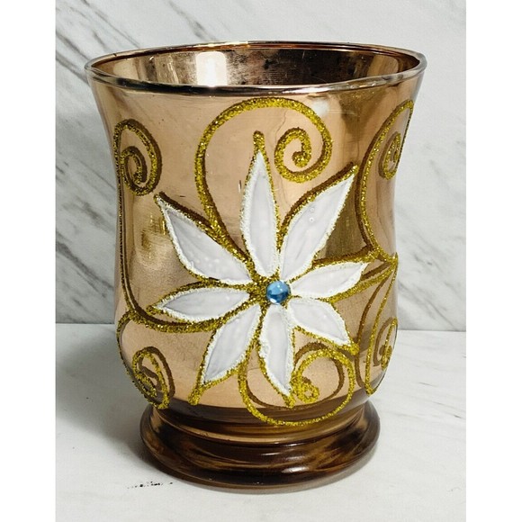 Vtg Amber Glass candle holder Hand Painted Flowers Gold Gilt Bohemian 4.5” tall - Picture 1 of 6